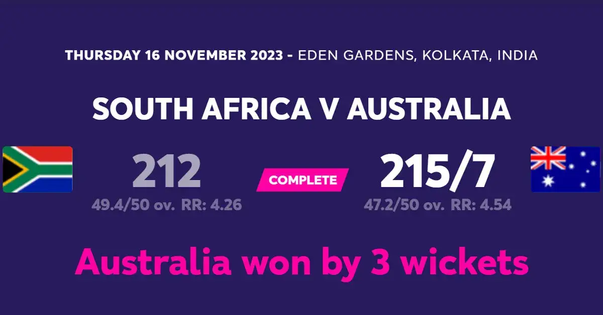 Australia vs SA Semi Final Scoreboard (Courtesy: ICC World Cup 2023)